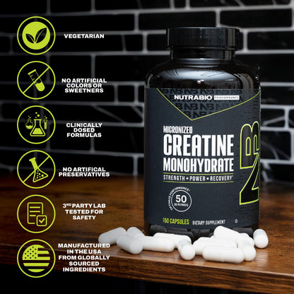 NutraBio Pure Micronized Creatine Monohydrate Capsules, Creatine Pills, Supports Bulk Muscle Energy, Recovery, and Strength - Keto Friendly, Kosher