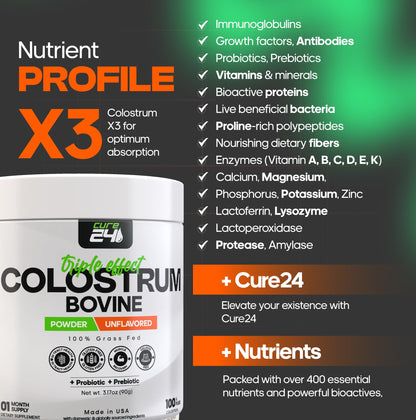 Cure24 Bovine Colostrum X3 Supplement Powder for Humans, 100% Pure Whole Natural Grass Fed Superfood, High IgG, Plus Probiotic