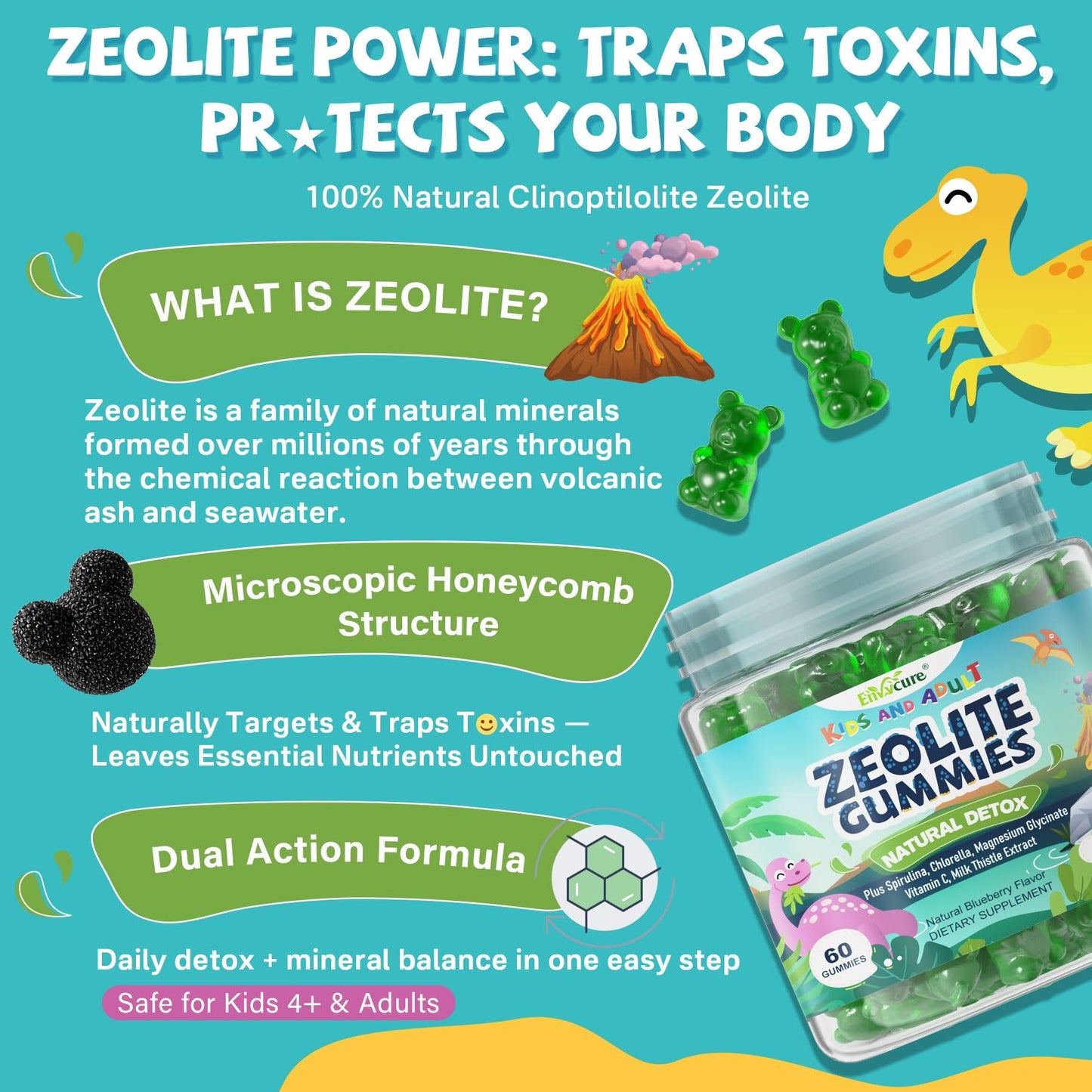 Zeolite Detox for kids & Adult-Sugar Free Zeolite Detox Gummies with Spirulina, Chlorella, Milk Thistle, Magnesium Glycinate, Calcium Citrate for Energy
