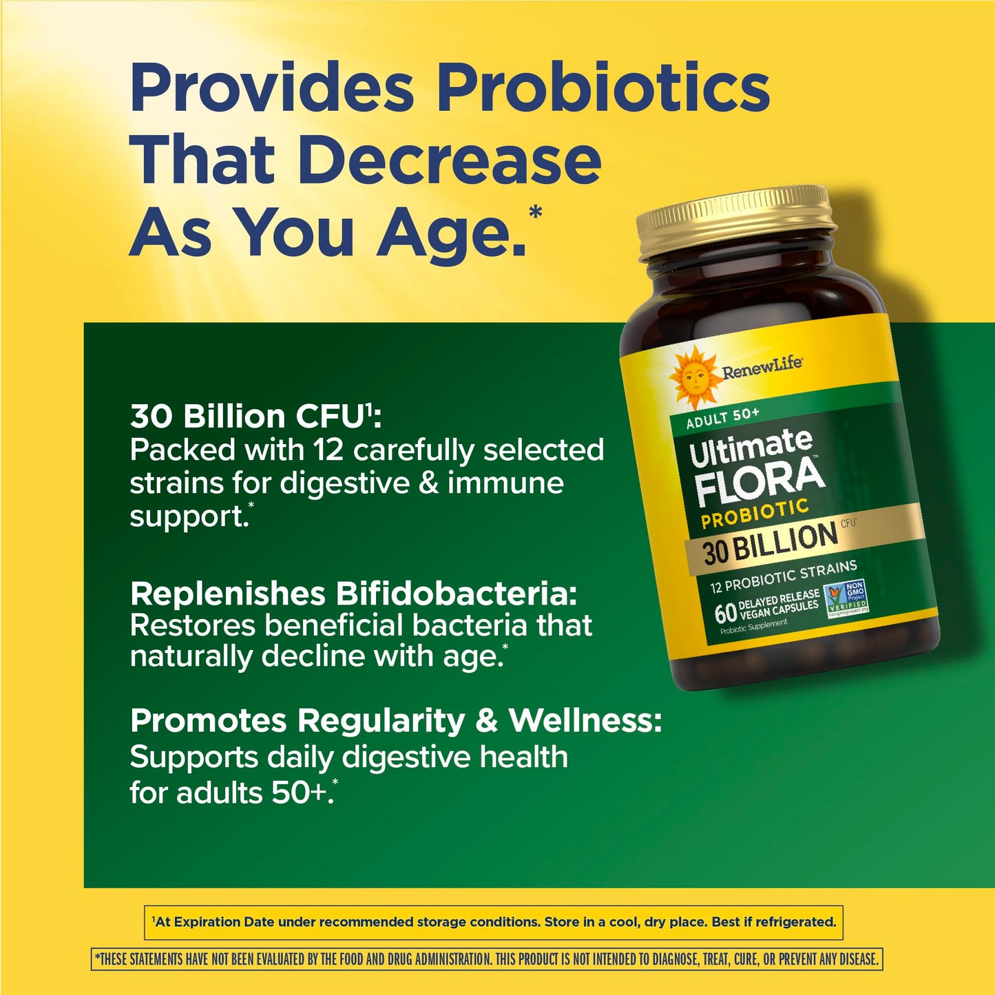 Renew Life Probiotic Adult 50 Plus Probiotic Capsules, Daily Supplement Supports Urinary, Digestive and Immune Health, L. Rhamnosus GG, Dairy