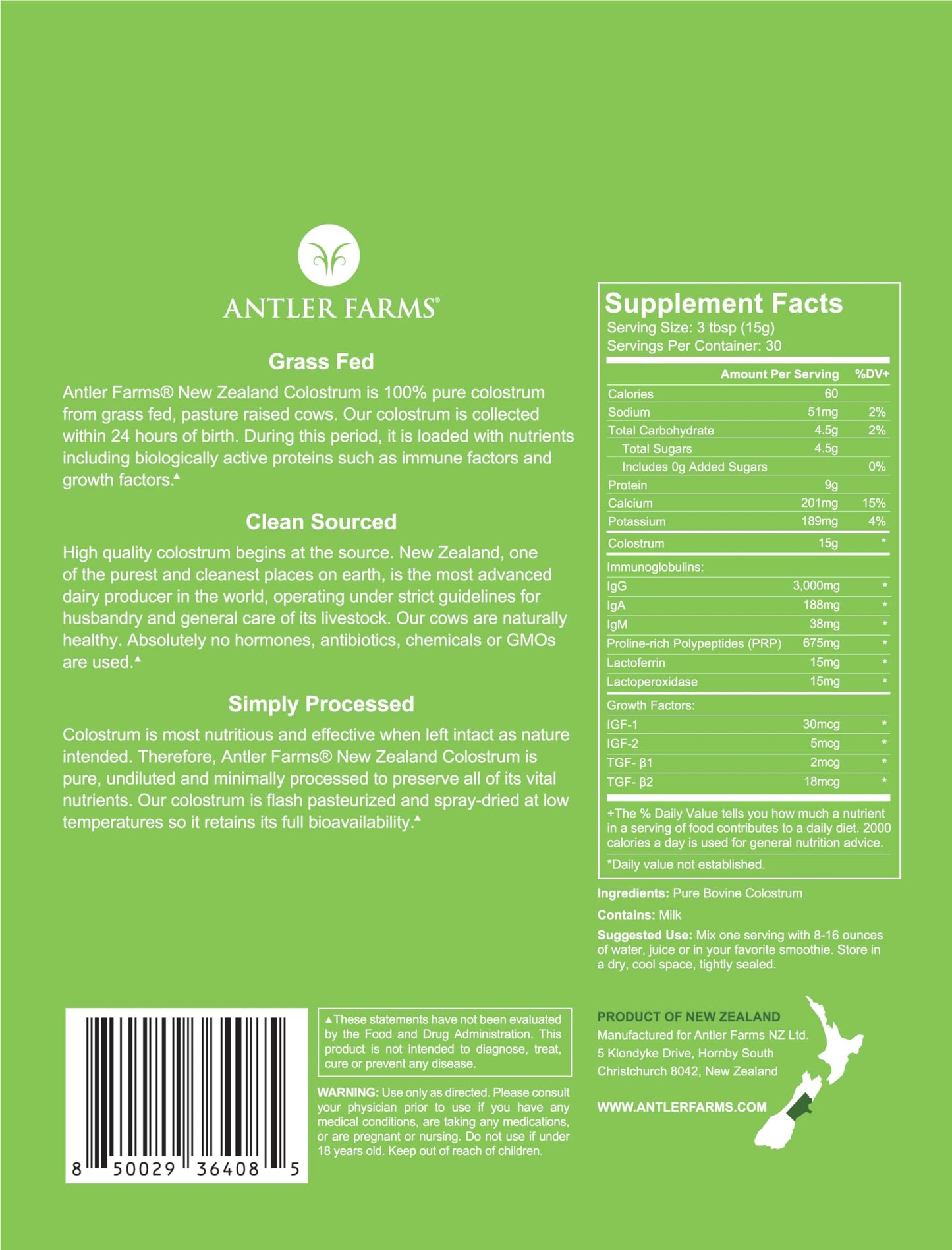 Antler Farms 100% Pure New Zealand Colostrum, 30 Servings, 1 lb - Grass Fed, Pasture Raised, Clean Sourced, Cold Processed,