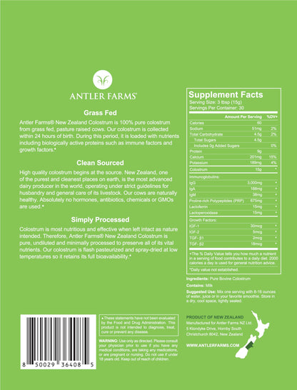 Antler Farms 100% Pure New Zealand Colostrum, 30 Servings, 1 lb - Grass Fed, Pasture Raised, Clean Sourced, Cold Processed,