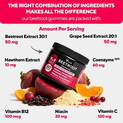 VitaUp Beet Root Gummies – Beetroot Gummies with CoQ10, Grape Seed, Vitamin C, B12 & B3 – Nitric Oxide Gummies for Circulation Support – Beet Supplement for Energy