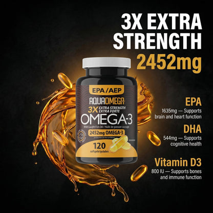 AQUAOMEGA 3X Extra Strength Omega-3 Fish Oil for Heart, Brain & Immune Support, 1636mg EPA, 544mg DHA + Vitamin D3, Full Natural Triglyceride Form,