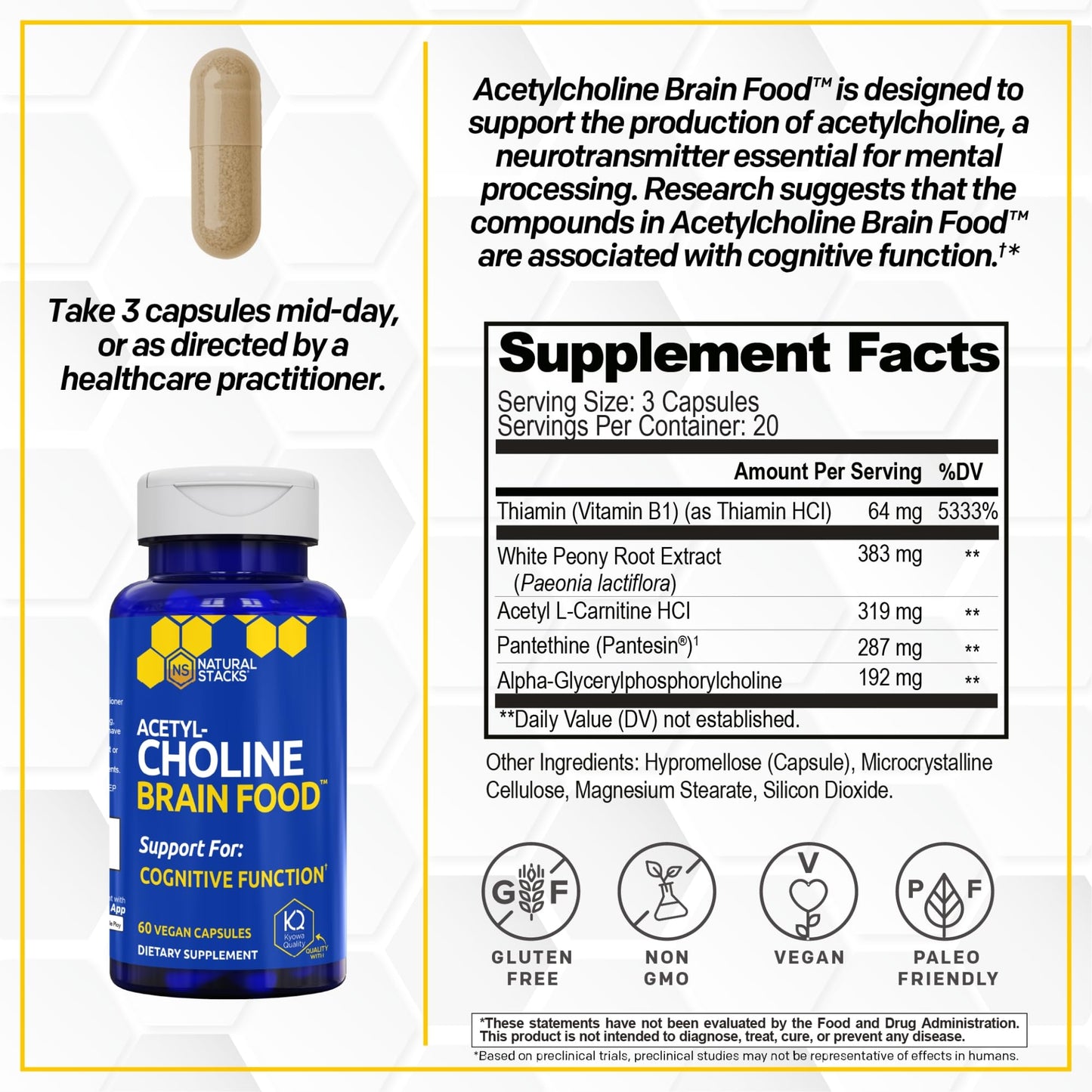 Acetylcholine Brain Food - Acetyl L-Carnitine & Alpha GPC Supplement - Supports Production of Acetylcholine - Neurotransmitter Supplement