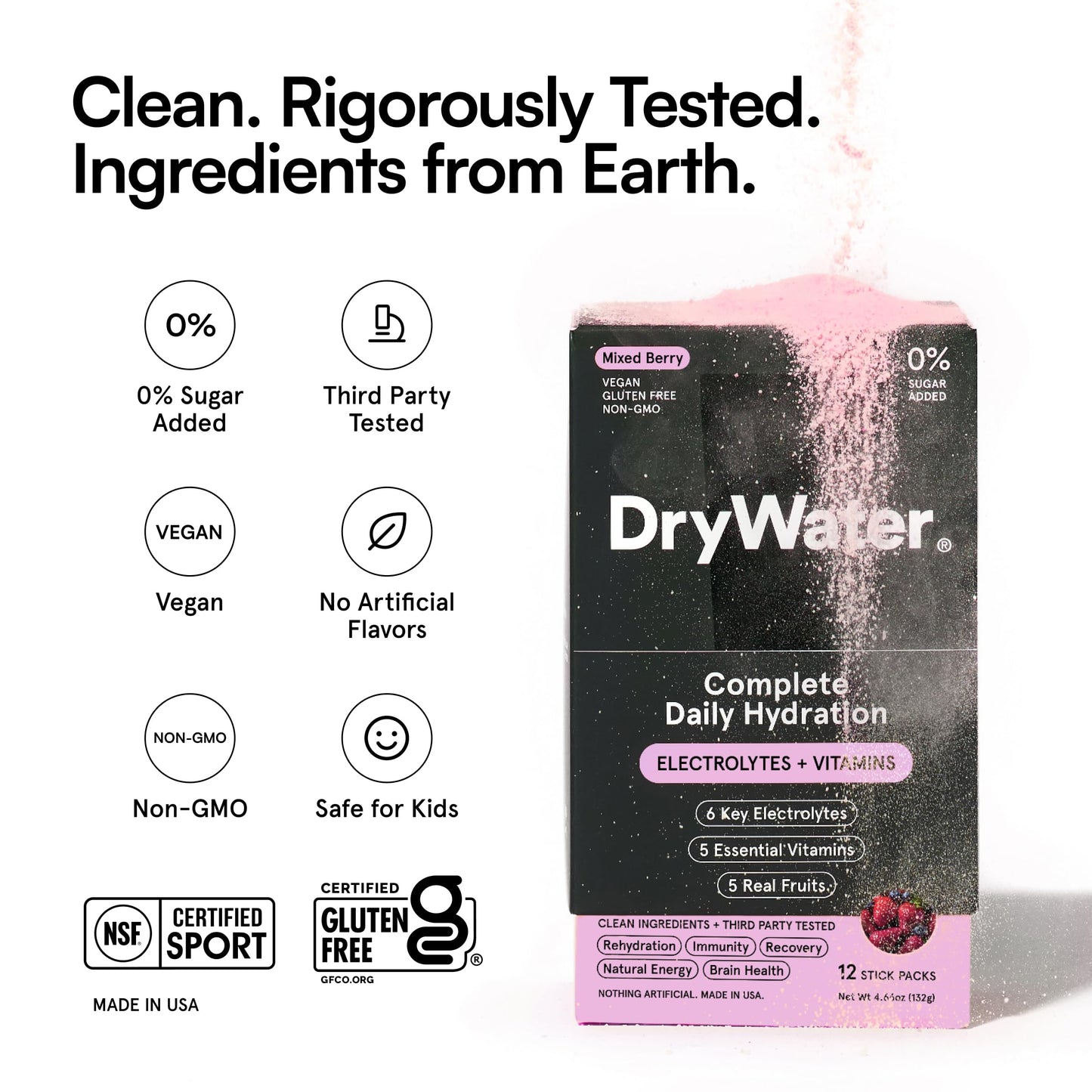 DryWater® Electrolyte + Vitamin Hydration Powder Packets – Mixed Berry, 1,000mg Potassium, Real Organic Fruit, NSF Certified for Sport,