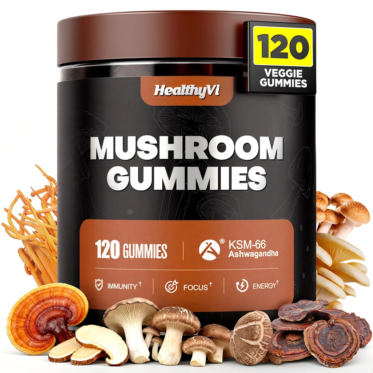 10-In-1 Mushroom Gummies with KSM-66 Ashwagandha & Magnesium Threonate Boosts Focus, Memory & Cognitive, 120 Ct Mushroom Supplement with Vitamin D3 & B12