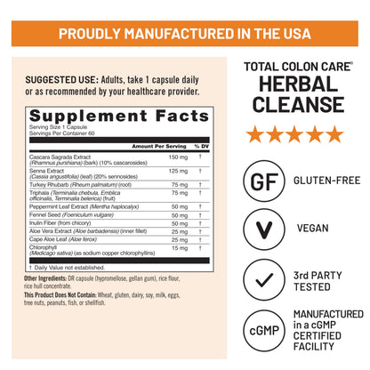 Naturewise Total Colon Care Herbal Cleanse - With Prebiotics, Botanicals, & Antioxidants - for Regular Bowel Movement, Digestion, Gut Health - Vegan, Gluten-Free