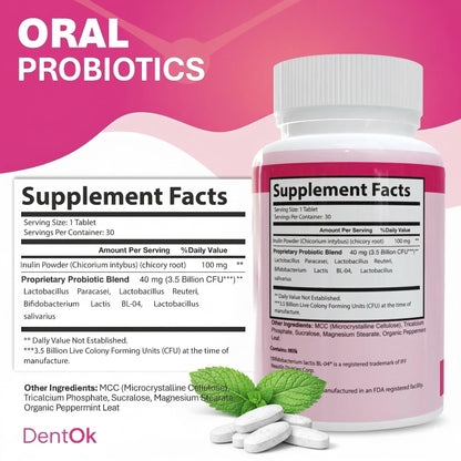Oral Probiotics for Bad Breath & Gum Health – Dental Probiotic Chewable Mint Tablets, Sugar-Free, Gluten-Free – Made in USA – 30-Day Supply - DentOk
