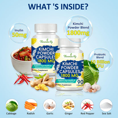 Kimchi Probiotic Capsules, Fermented Kimchi Powder with 10 Billion CFU Probiotics & Prebiotic Inulin, Gut Health & Digestive Support, Fermented Vegetable