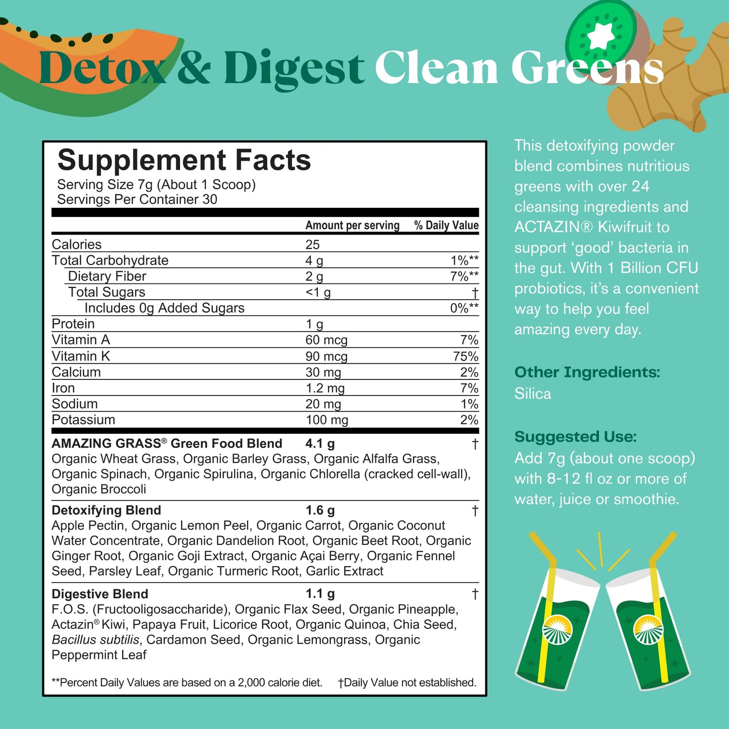 Amazing Grass Greens Blend Detox & Digest, Smoothie Mix, Cleanse with Super Greens Powder, Digestive Enzymes & Probiotics