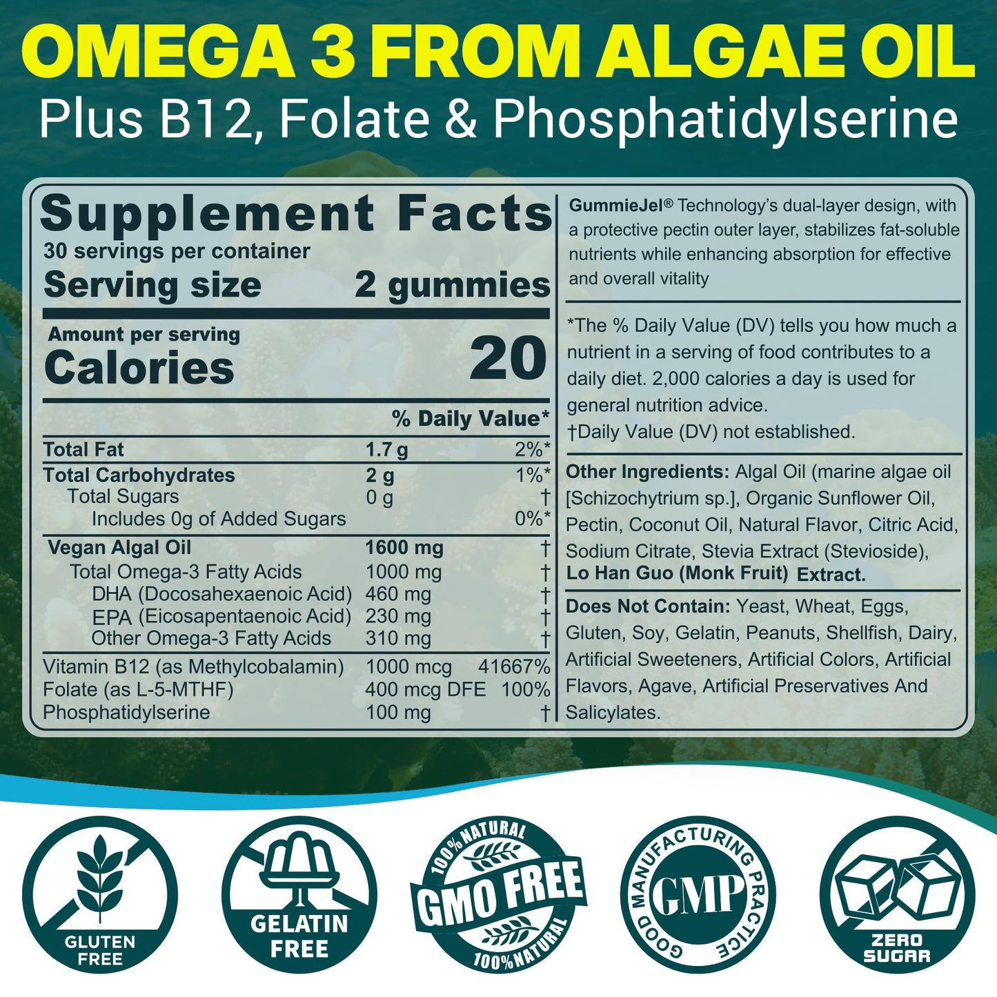 Vegan Omega-3 Gummies for Adults, Fish Oil Alternative from Algae Oil, Plant Based DHA 460mg & EPA 230mg Plus MethylFolate, Vitamin B12, Phosphatidylserine,