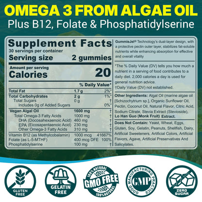 Vegan Omega-3 Gummies for Adults, Fish Oil Alternative from Algae Oil, Plant Based DHA 460mg & EPA 230mg Plus MethylFolate, Vitamin B12, Phosphatidylserine,
