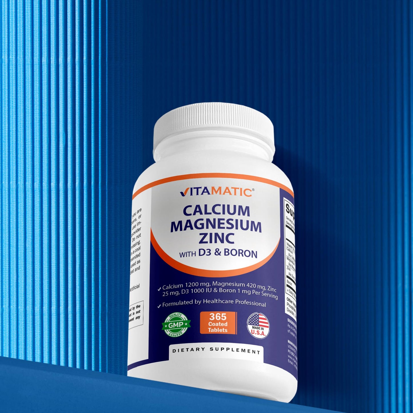 Vitamatic Calcium Magnesium Zinc D3 Boron | 365 Coated Tablets Supplement | Calcium 1200 mg, Magnesium 420mg, Zinc 25mg, Vitamin D3 1000 IU, Boron 1 mg | Non-GMO | Gluten Free | Made in USA