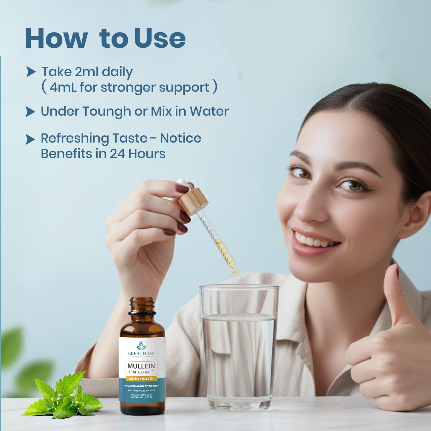 BREATHIUM 4-in-1 Mullein Drops for Lungs & Gut Health – Liposomal Mullein Leaf Extract, Made in USA, Natural Lung Detox for Smokers + Immune, Digestive