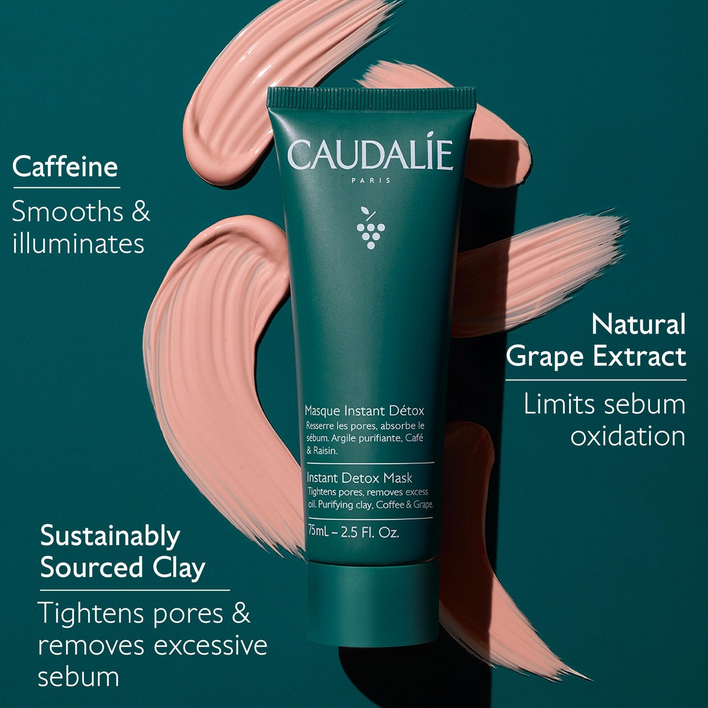 Caudalie Instant Detox Mask, Pore Minimizing Pink Clay Face Mask - 35 mL