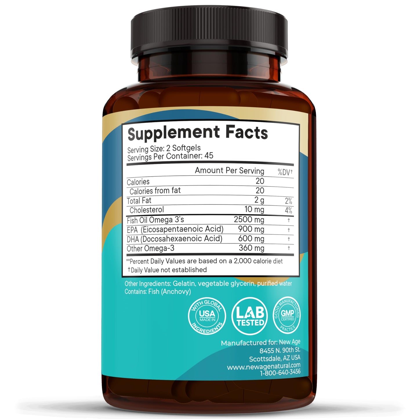 NEW AGE Omega 3 Fish Oil 2500mg Supplement Non GMO - EPA, DHA Fatty Acids Gluten Free (180 Softgels (Pack of 2))