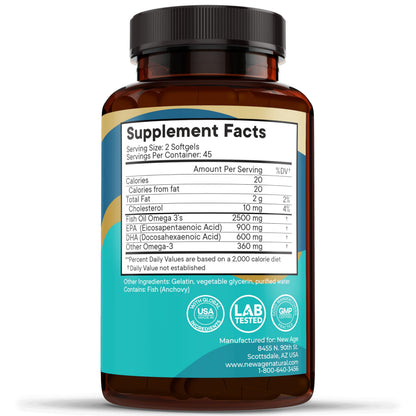 NEW AGE Omega 3 Fish Oil 2500mg Supplement Non GMO - EPA, DHA Fatty Acids Gluten Free (180 Softgels (Pack of 2))