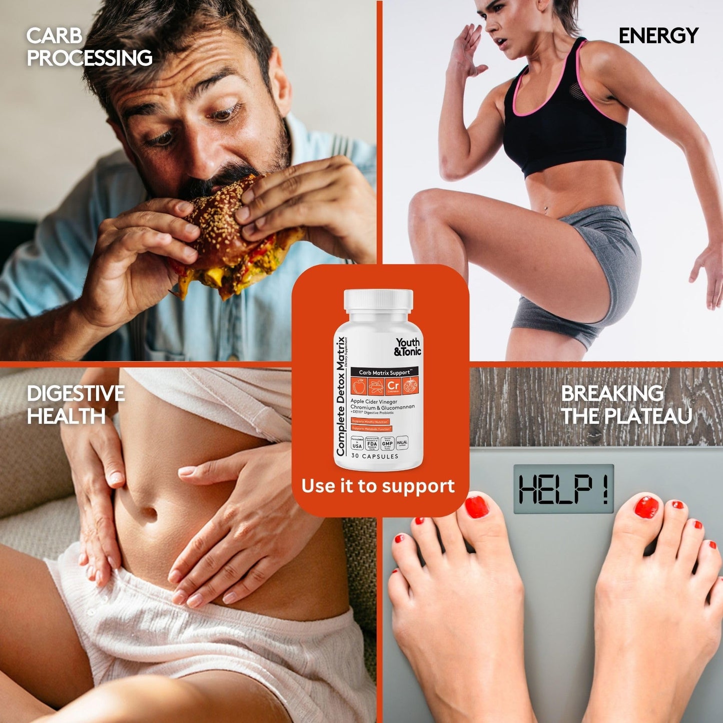 Youth & Tonic Balanced Detox Pills as Complete Gut Cleanse & Carb Matrix Support with ACV, Glucomannan, Chromium for Body Detoxing & Digestive Health, Supplement for Men & Women, Third-Party Tested