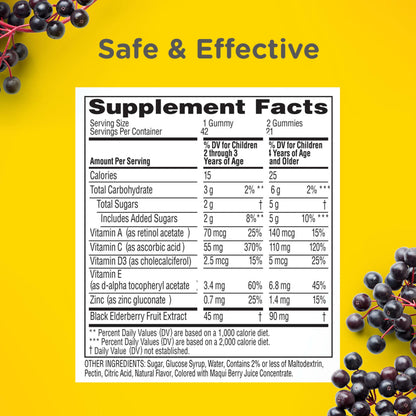 Zarbee’s Kids Elderberry Immune Support Supplement Gummies, Vitamins A C D3 E & Zinc, Elderberry Extract, Gluten & Gelatin Free