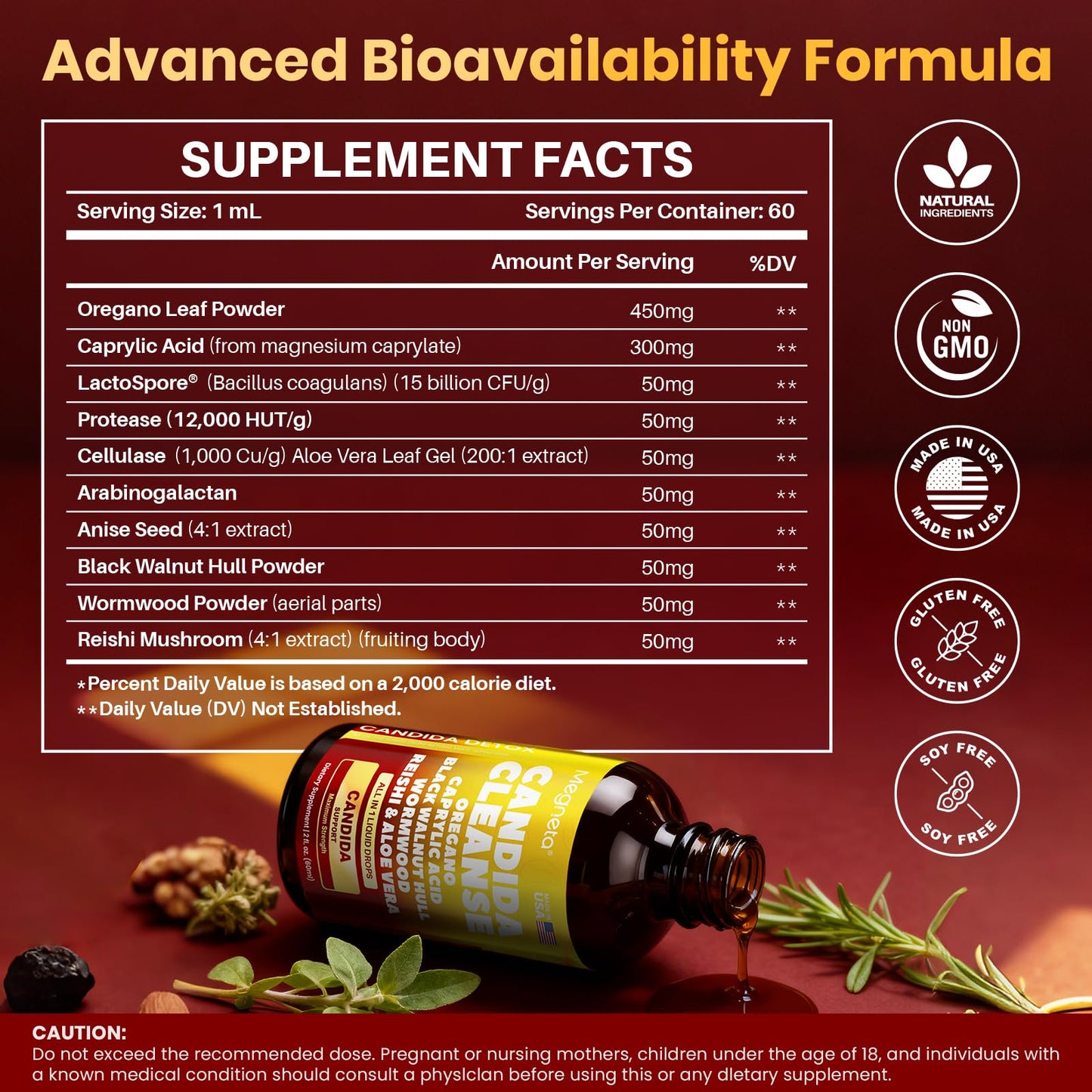 Candida Cleanse Detox with Triple-Targeting Technology, All-in-1 Synergy Formula with Caprylic Acid, Oregano, Black Walnut & Wormwood – Yeast Detox, Gut Health
