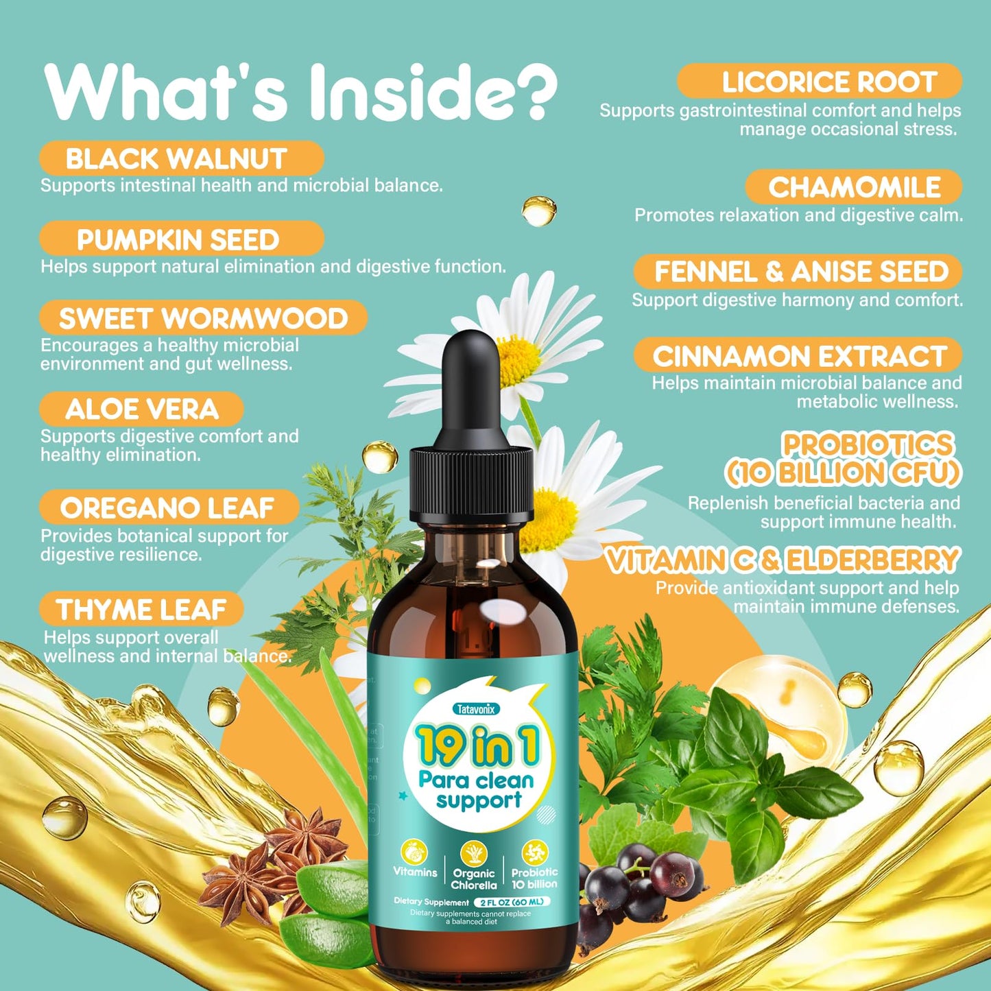 Tatavonix 19 in 1 Herbal Gut Cleanse Drops – Wormwood, Black Walnut, Chlorella 250mg, 10B Probiotics, Clove & Oregano – Liquid Detox Support
