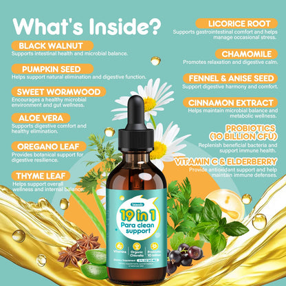 Tatavonix 19 in 1 Herbal Gut Cleanse Drops – Wormwood, Black Walnut, Chlorella 250mg, 10B Probiotics, Clove & Oregano – Liquid Detox Support