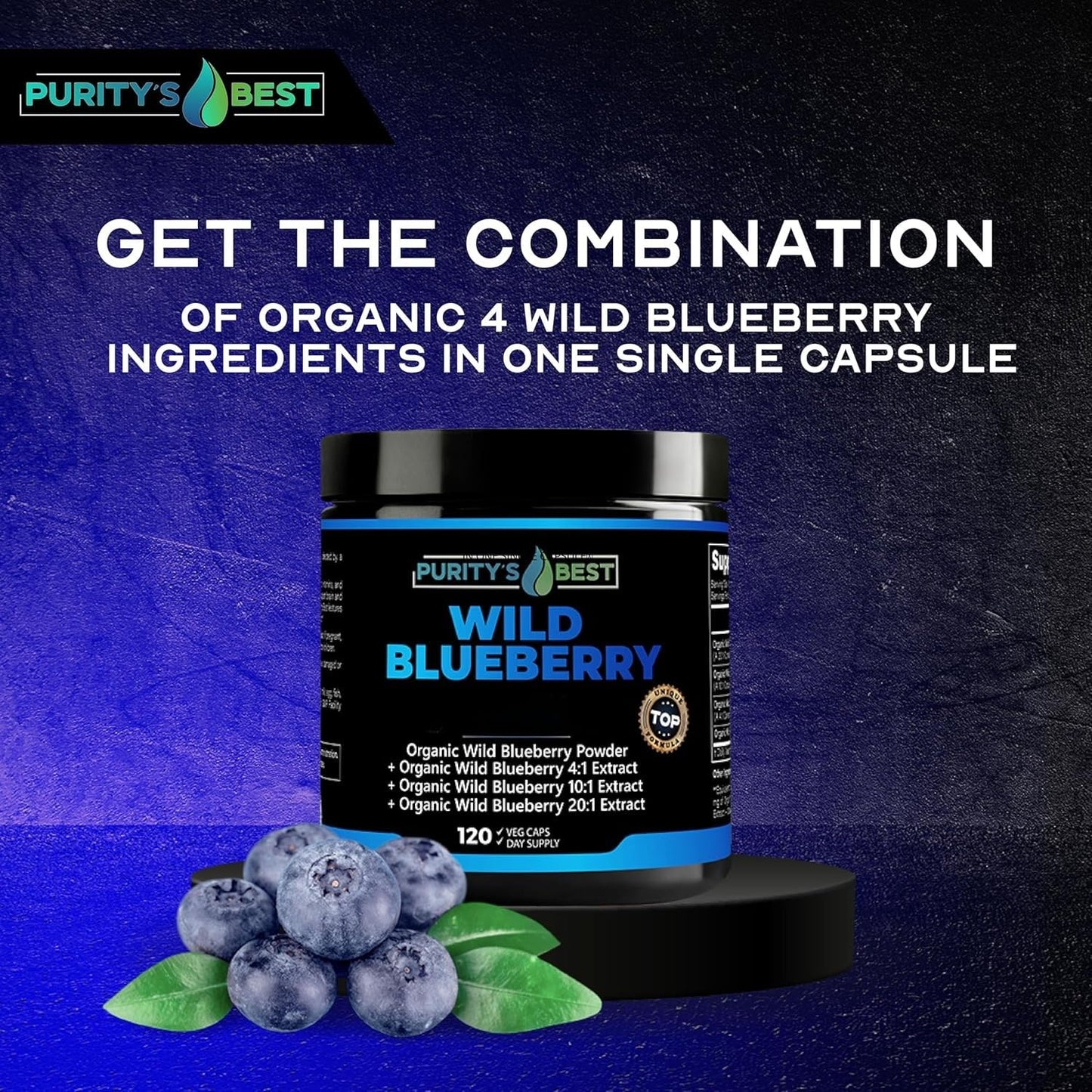 Purity’s Best Wild Blueberry Extract, Rich in Flavonoids & Anthocyanins, Antioxidant Support for Brain & Heart Health, 4-Month Supply