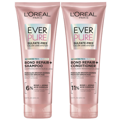 L'Oreal Paris Sulfate Free Bond Repair+ Shampoo and Conditioner Set with Bond + Amino Acid Complex, Strengthens and Repairs Damaged or Color Treated Hair,