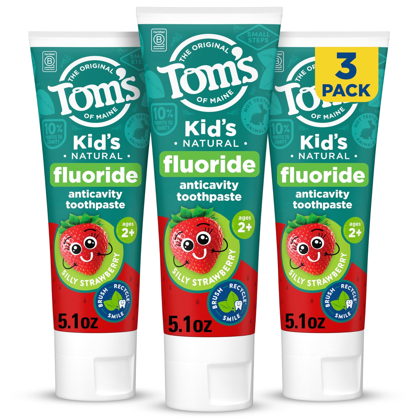 Tom’s of Maine Natural Kids Fluoride Toothpaste, 3 Pack, For Kids Ages 2 and Up, Great Toddler Toothpastes, No Artificial Flavors, Dyes