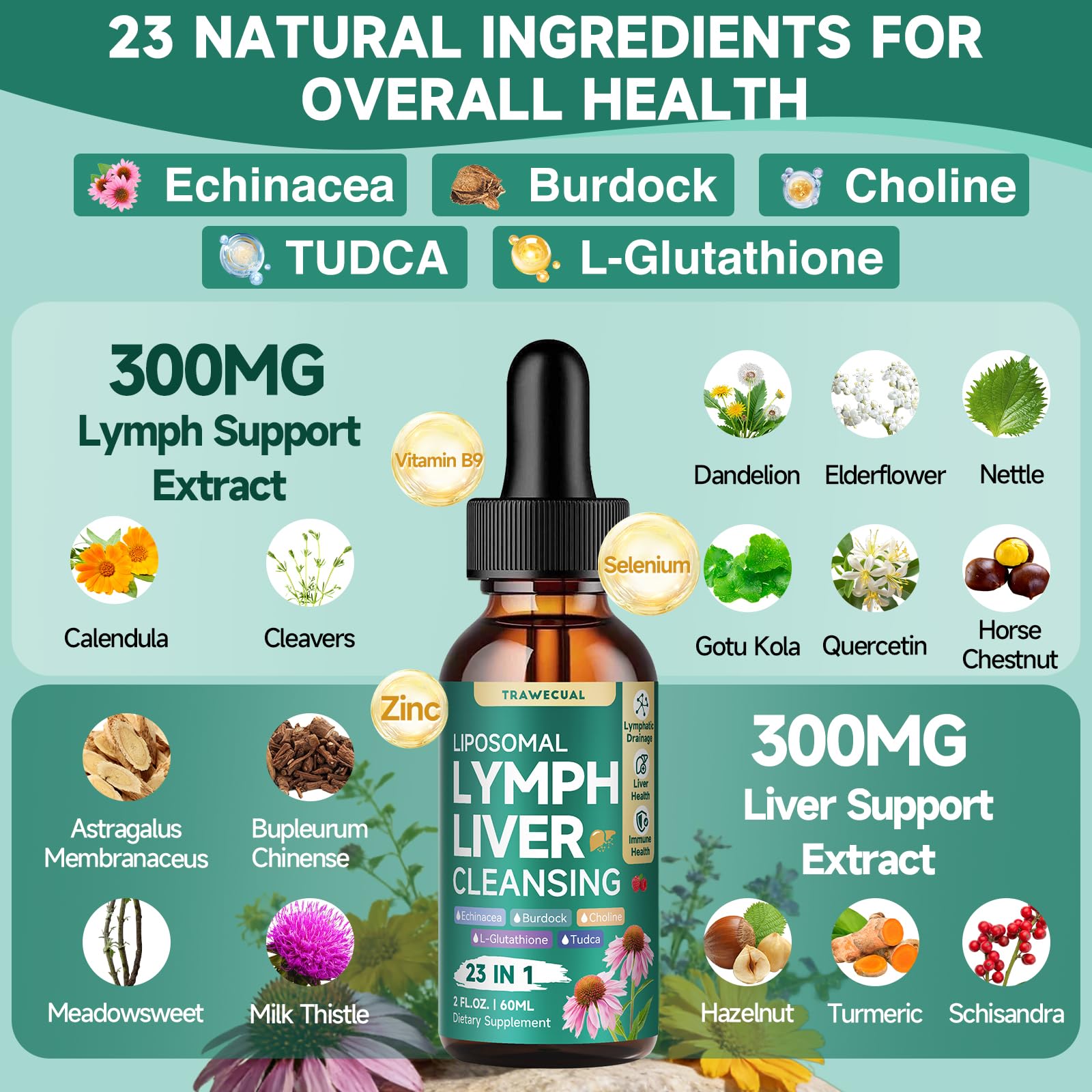 23-in-1 Liposomal Lymphatic Drainage Drops, Liver Cleanse Detox & Repair with Echinacea, TUDCA, Choline, L-Glutathione, Burdock for Lymphatic Support, Liver & Immune Health, 2 fl oz Supplement Trawecual buy supplements Au