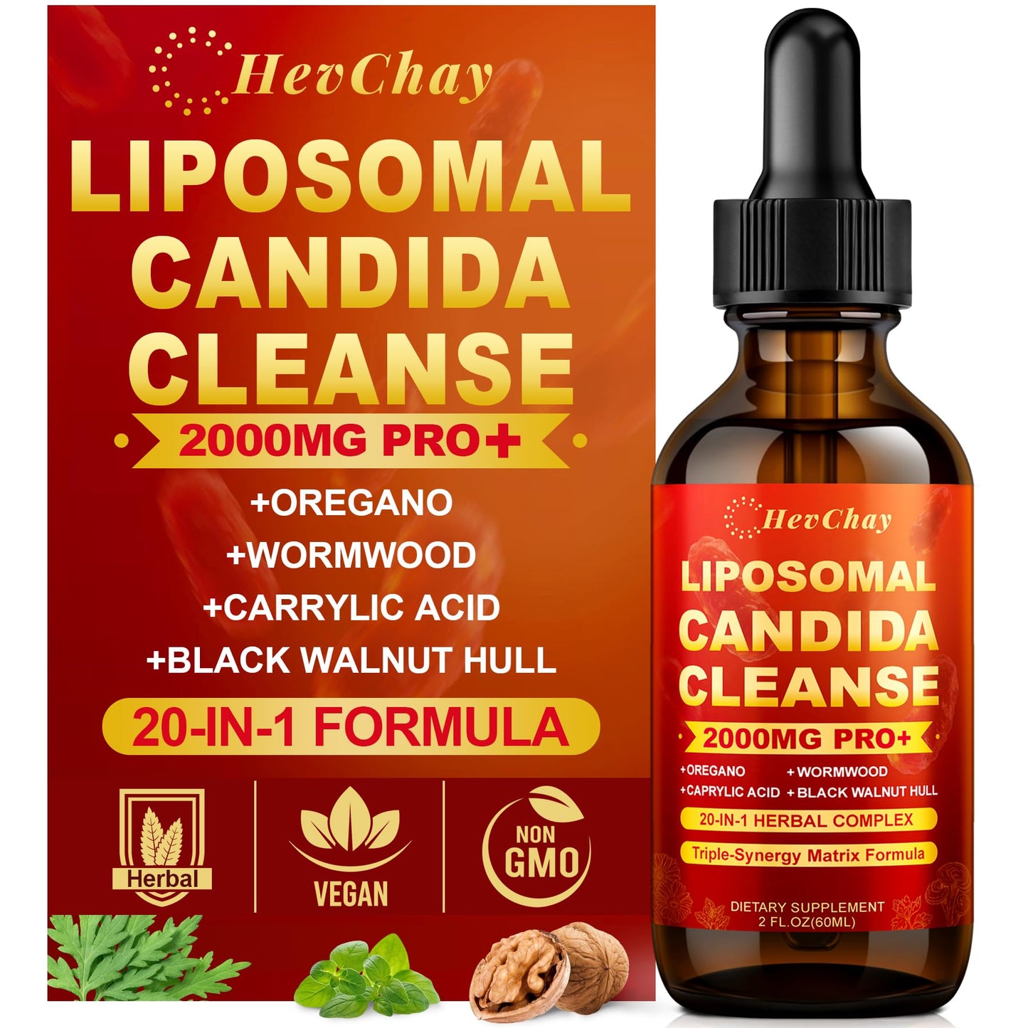 Liposomal Candida Cleanse Drops 2000mg - 20-in-1 Candida Detox for Women & Men with Caprylic Acid, Oregano, Black Walnut & Wormwood – Yeast Detox, Gut & Colon Support,