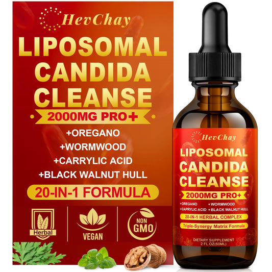 Liposomal Candida Cleanse Drops 2000mg - 20-in-1 Candida Detox for Women & Men with Caprylic Acid, Oregano, Black Walnut & Wormwood – Yeast Detox, Gut & Colon Support,