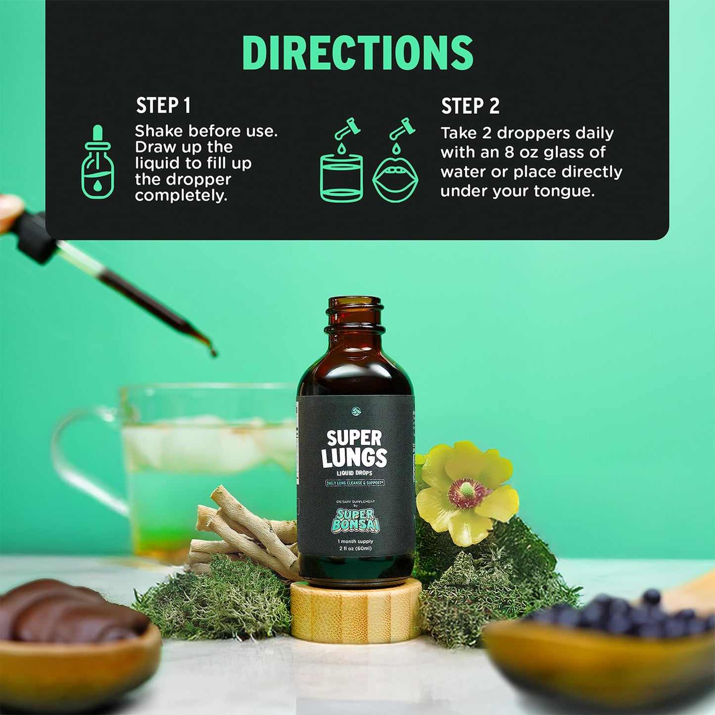 SuperBonsai Super Lungs Mullein Drops – Herbal Lung Support Tincture with Mullein Leaf Extract Elderberry Reishi Marshmallow Root