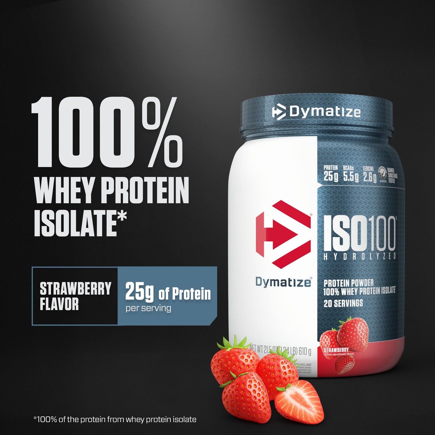 Dymatize ISO100 Whey Protein Powder Isolate, Strawberry, 25g of Protein, 5.5g BCAAs, Less Than 120 Cal., Gluten Free,