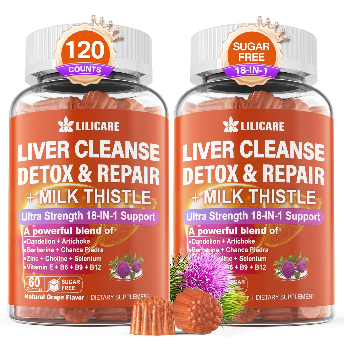 Milk Thistle Liver Detox Gummies, 18-IN-1 Liver Cleanse Detox & Repair Supplement with Berberine, Chicory Root, Turmeric, Artichoke, Dandelion Root, Chanca Piedra