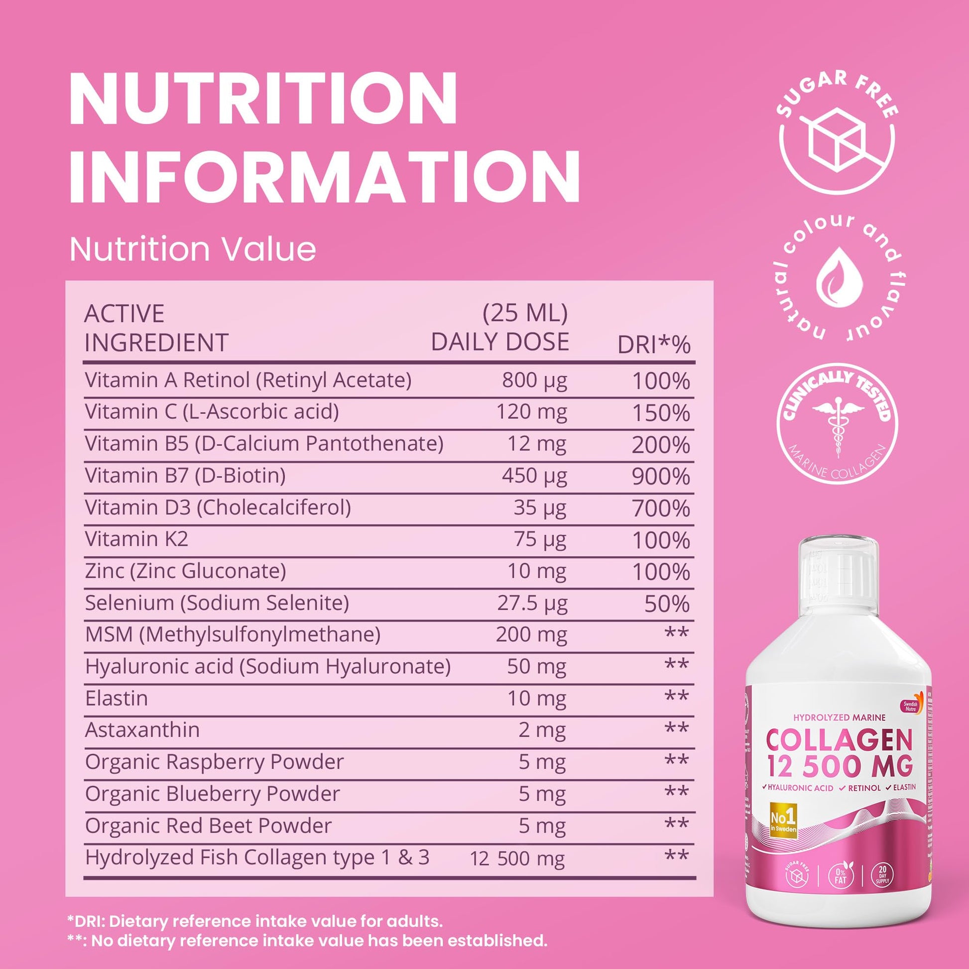 Swedish Nutra 12,500mg Liquid Marine Collagen Hydrolyzed Peptide (Type 1 & 3) | 20 Day Supply, 500 ml | Hyaluronic Acid, Biotin & Vitamins for Hair, Skin, Nails & Joints | For Men & Women | Sugar Free Swedish Nutra buy supplements Au