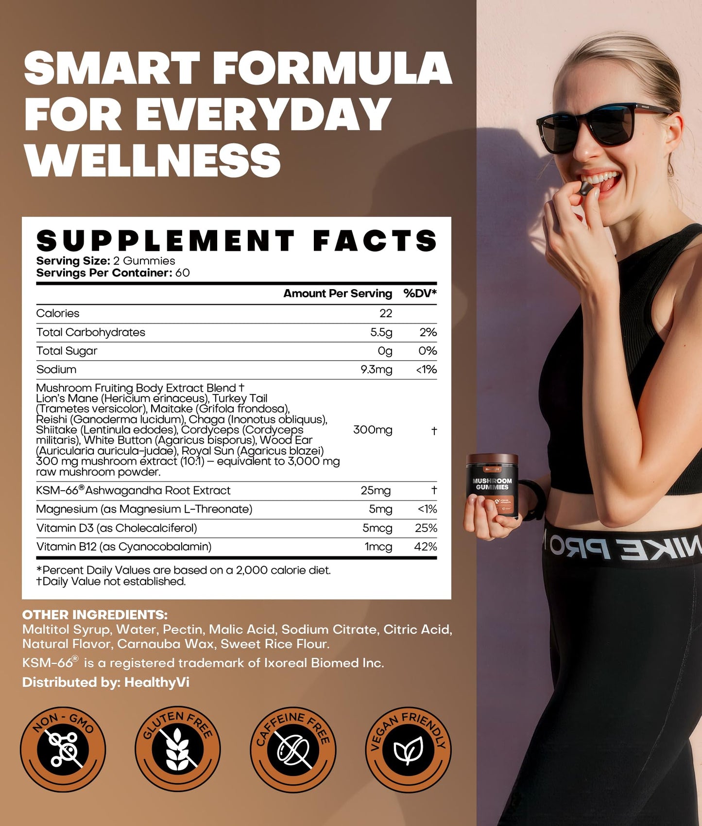 10-In-1 Mushroom Gummies with KSM-66 Ashwagandha & Magnesium Threonate Boosts Focus, Memory & Cognitive, 120 Ct Mushroom Supplement with Vitamin D3 & B12