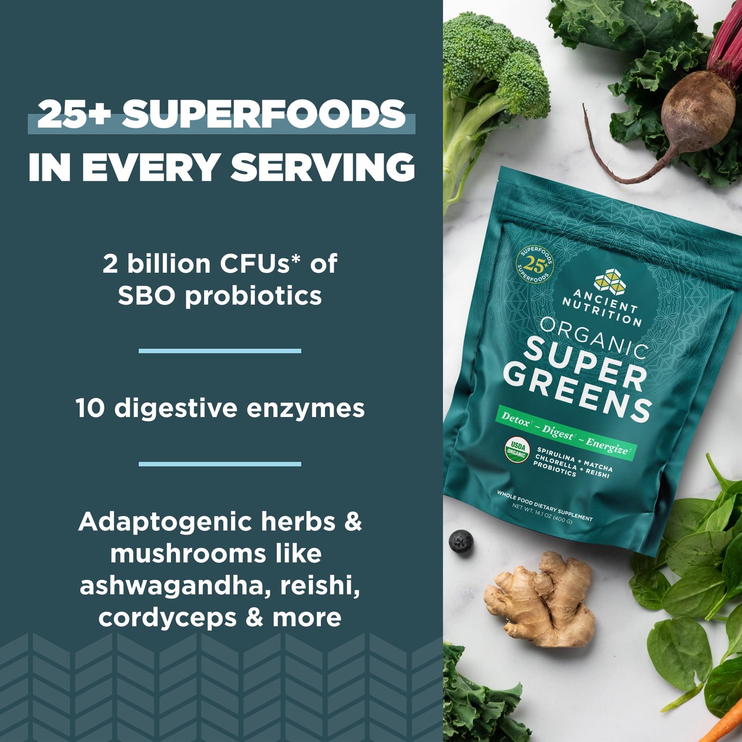 Ancient Nutrition Super Greens Powder, Organic Superfood Powder with Probiotics Made with Spirulina, Chlorella, Matcha, and Digestive Enzymes, 50 Servings, 14.1 oz Ancient NutritionBuy Supplements Australia
