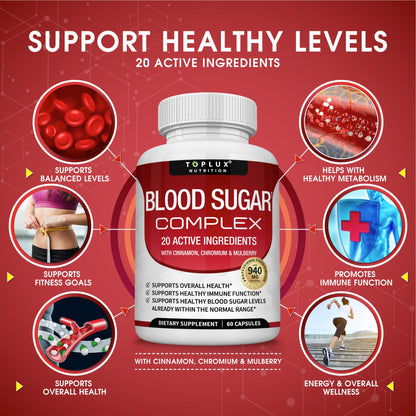 Blood Sugar Complex Supplement - Supports Healthy Blood Sugar Levels Already Within Normal Range All Natural with Cinnamon, Bitter Melon, Chromium, Mulberry, Al