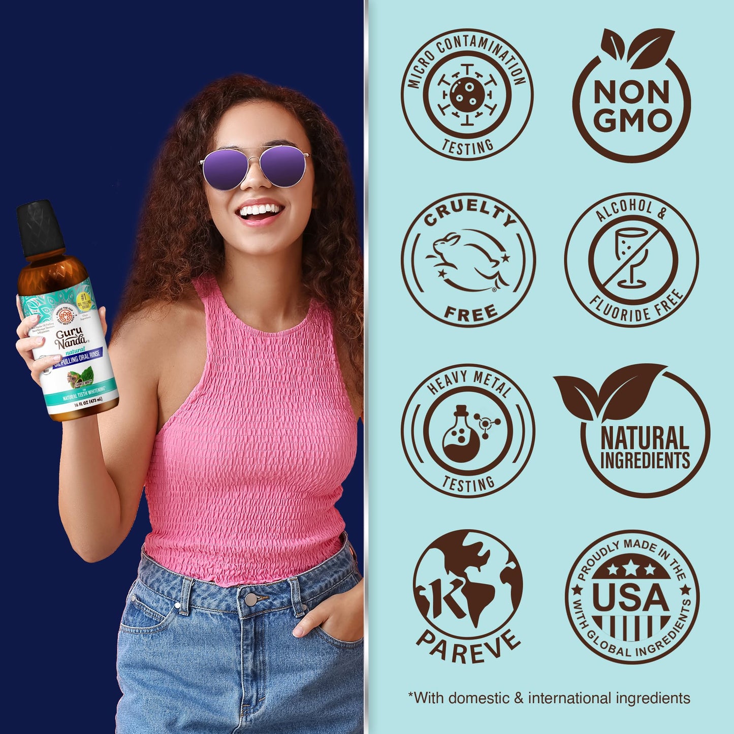 GuruNanda Farmed Mint Oil Pulling Mouthwash for Complete Oral Hygiene, 7 Essential Oils & Vitamins for Happy Teeth & Gums