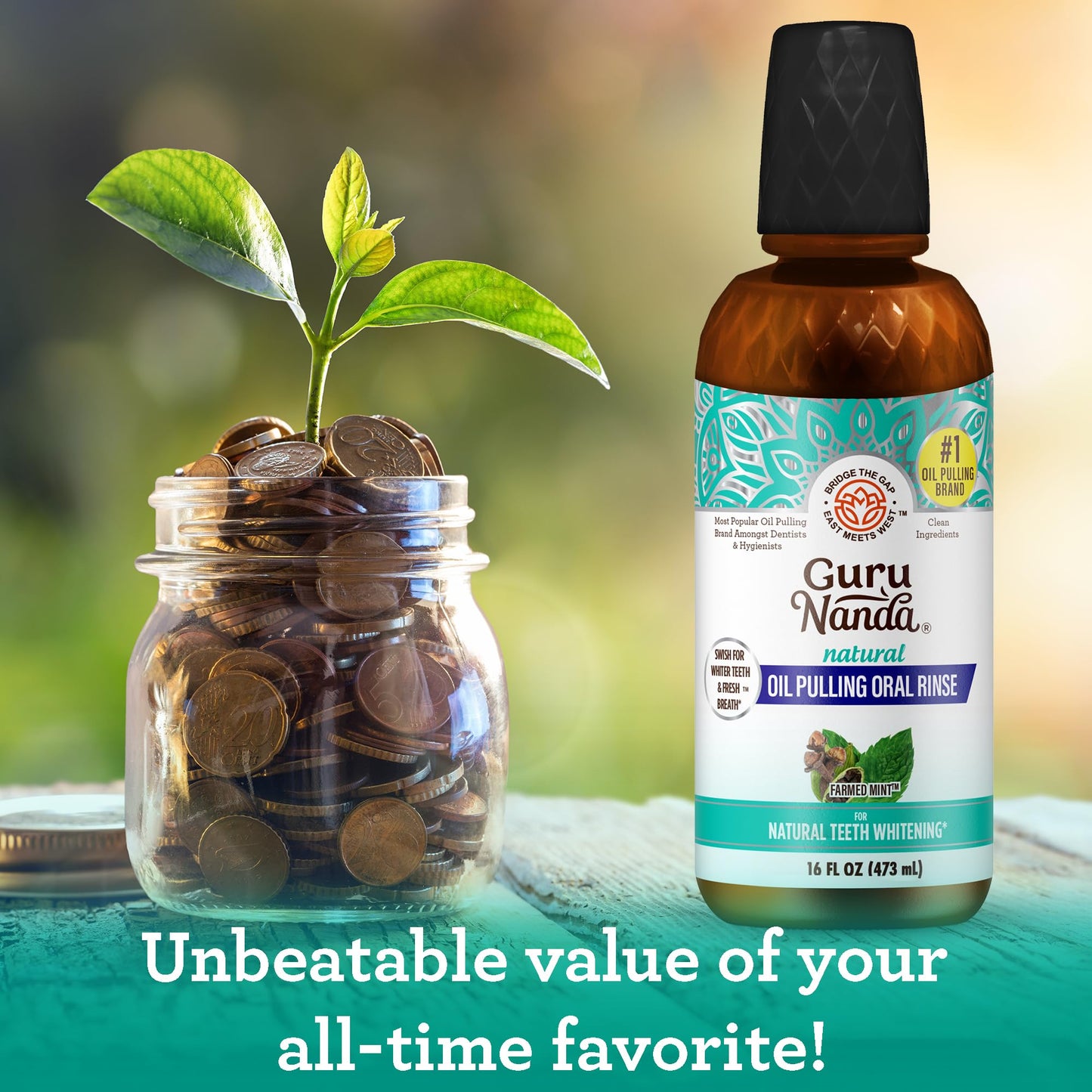 GuruNanda Farmed Mint Oil Pulling Mouthwash for Complete Oral Hygiene, 7 Essential Oils & Vitamins for Happy Teeth & Gums