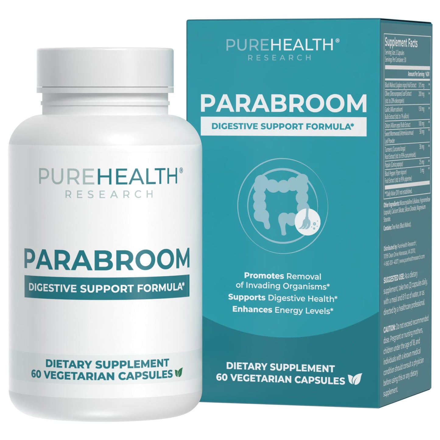 PUREHEALTH RESEARCH Parabroom - Gut Cleanse & Health Supplement - with Black Walnut, Sweet Wormwood Powder, Turmeric Extract, Olive Leaf, Garlic & Onion
