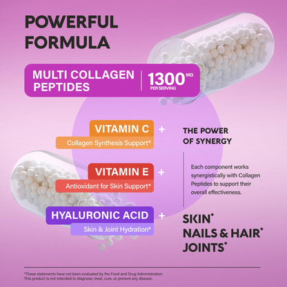 Multi Collagen Peptides - Hydrolyzed Types I, II, III, V & X - Collagen Supplement for Women 1300mg - w/ Hyaluronic Acid, Vitamins C & E - Skin, Hair