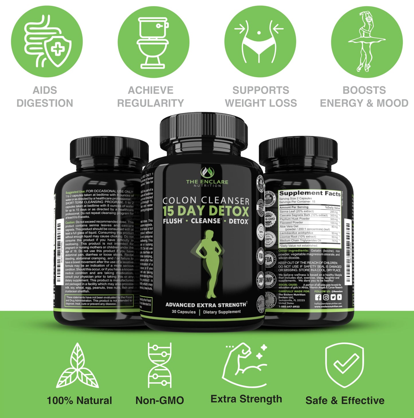 THE ENCLARE NUTRITION Colon Cleanse 15 Day Gut Cleanse Pills - Colon Cleanser for Women & Men - Psyllium Probiotic Laxatives for Constipation, Bloating Relief,