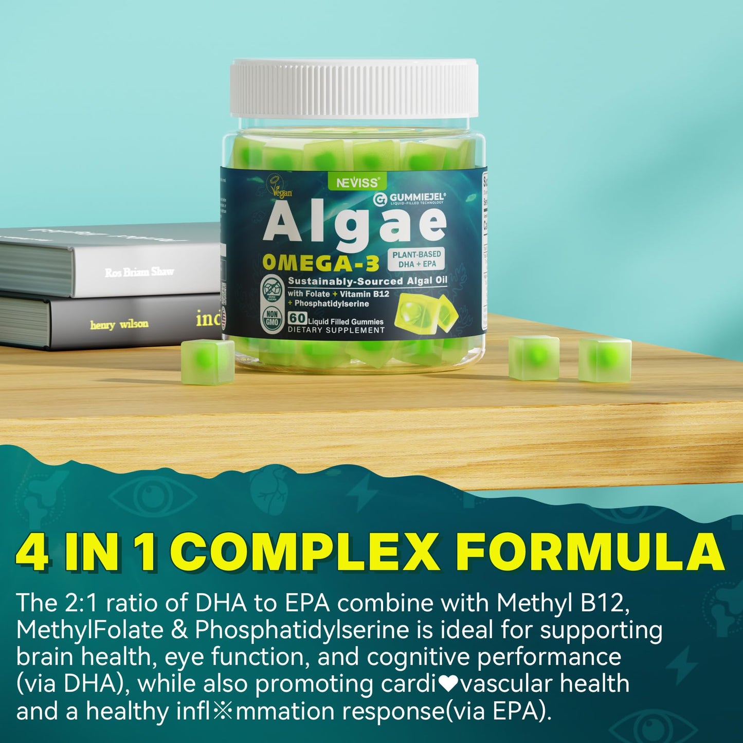 Vegan Omega-3 Gummies for Adults, Fish Oil Alternative from Algae Oil, Plant Based DHA 460mg & EPA 230mg Plus MethylFolate, Vitamin B12, Phosphatidylserine,