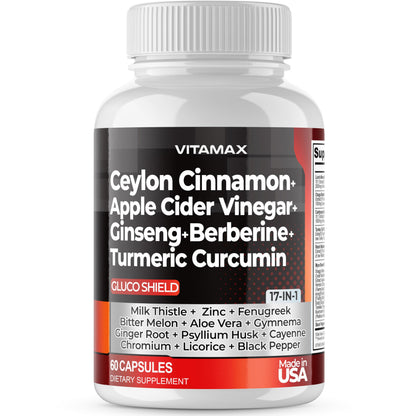 Ceylon Cinnamon, Apple Cider Vinegar, Turmeric - Gluco Health Support - Panax Ginseng, Berberine, Bitter Melon Milk Thistle Fenugreek -