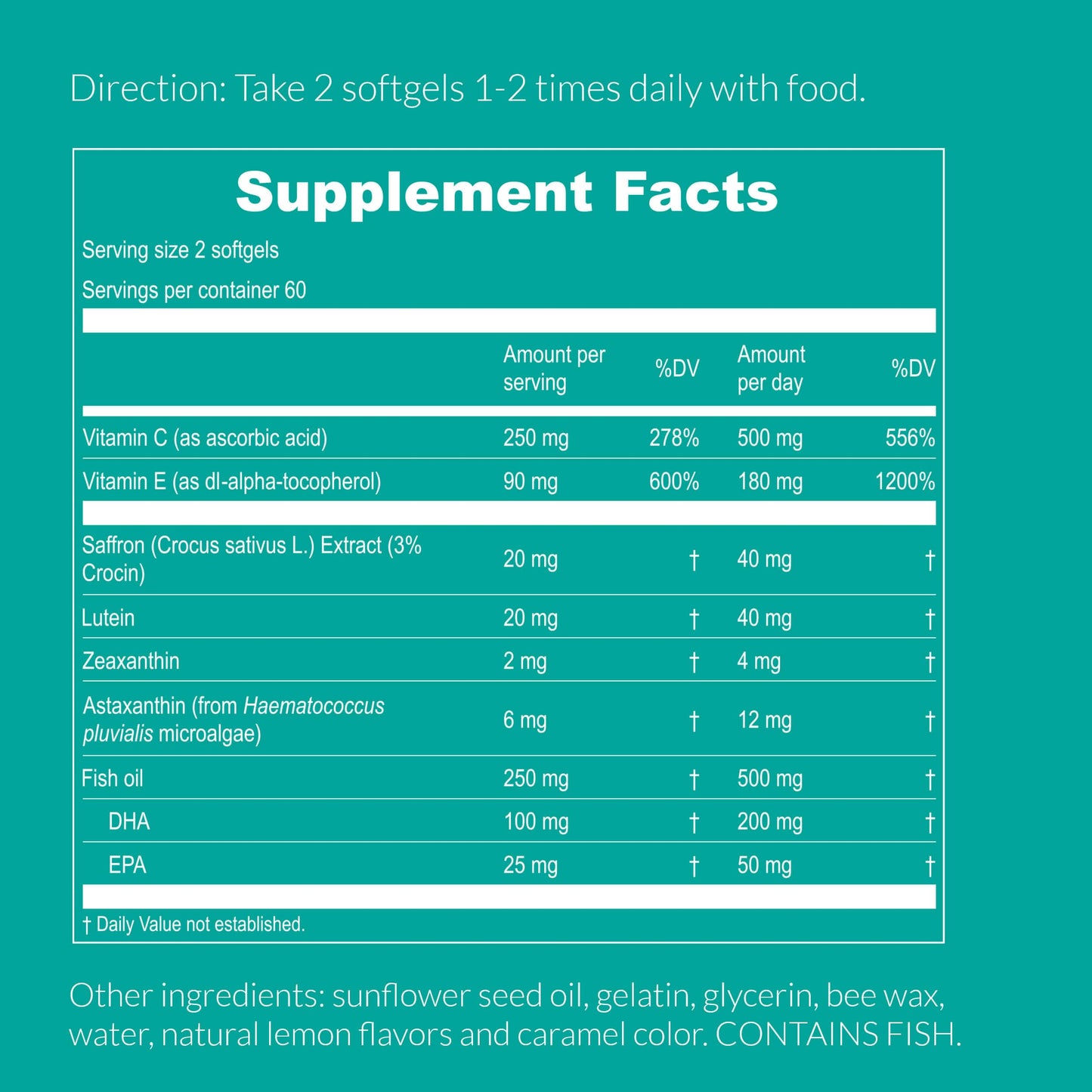 UpNourish AREDS 2 Plus Eye Vitamin Supplement, AREDS 2 Zinc Free Formula with Lutein, Zeaxanthin, Saffron, Astaxanthin & DHA - 120 softgels