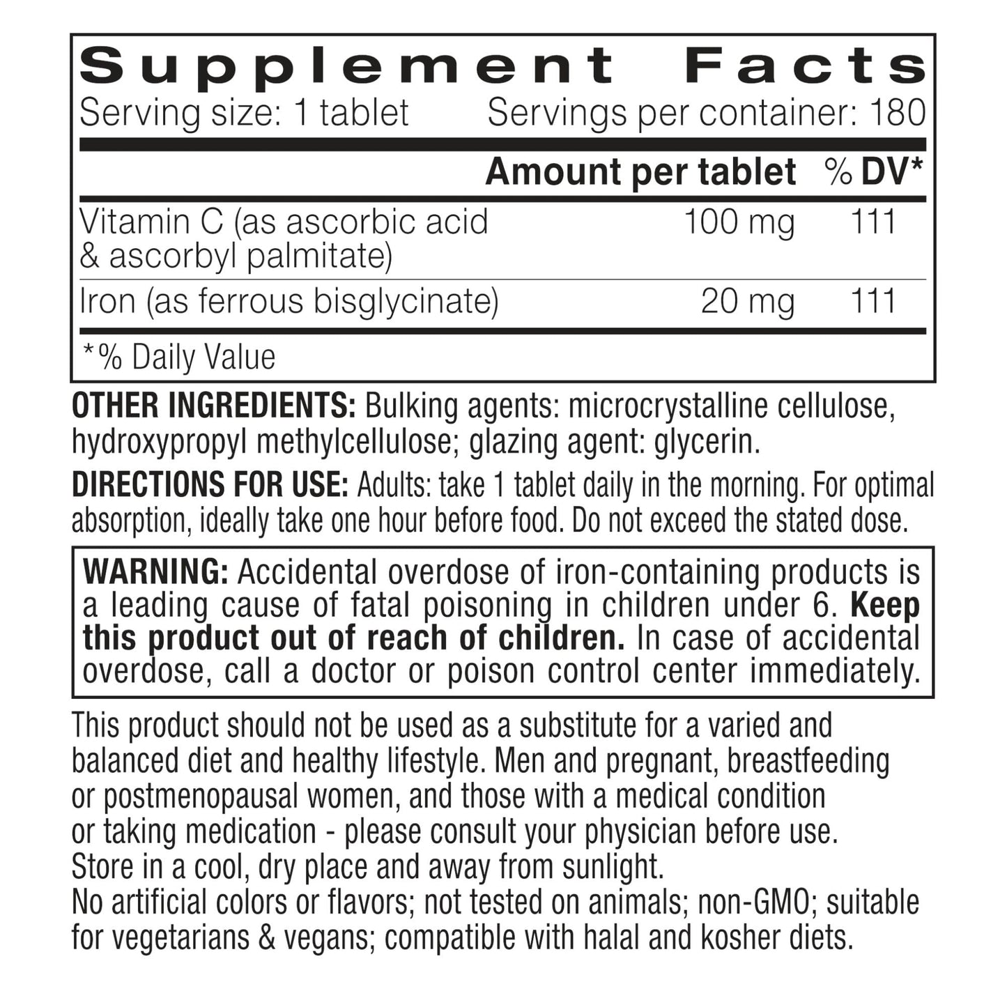 Igennus Clean Iron Bisglycinate 20mg, Vitamin C, 6 Month Supply, Gentle Chelated High Absorption Formula & Targeted Release Ferrous Bisglycinate