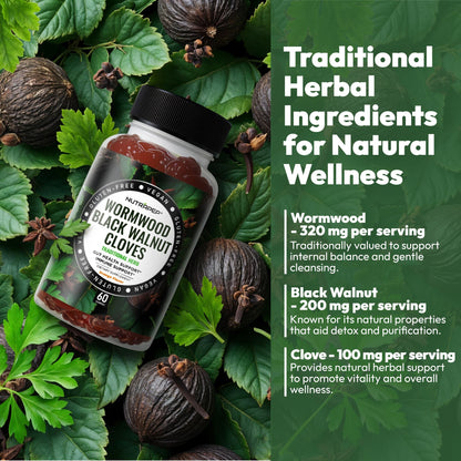 NutraPep Wormwood Black Walnut & Cloves Gummies - Gut Health Immune Support & Natural Detox Cleanse Traditional Herbal Supplement - Vegan Gluten-Free